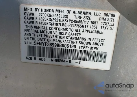2009 Honda Pilot Touring z USA, uszkodzony, nr VIN 5FNYF38999B006190